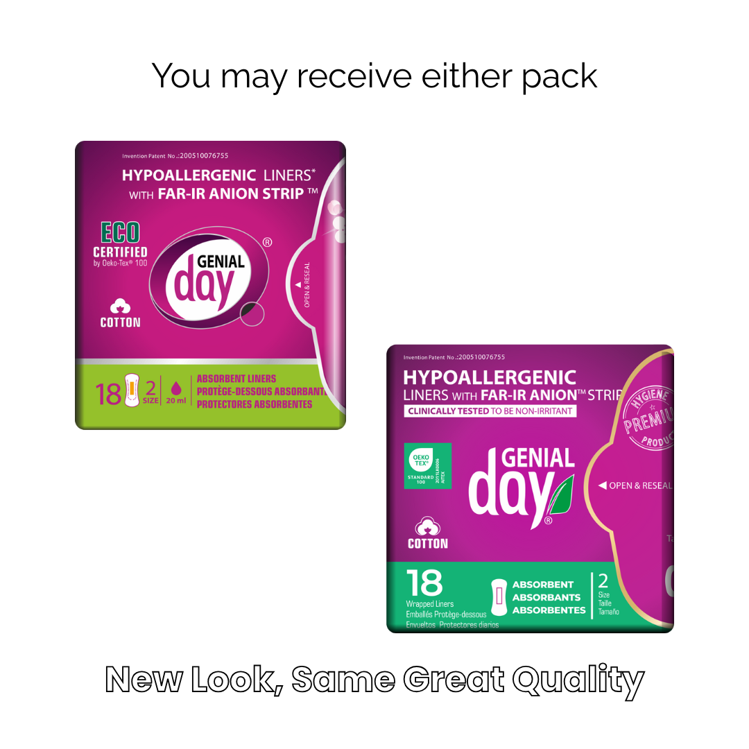 Two packages of Genial day hypoallergenic liners with a white background