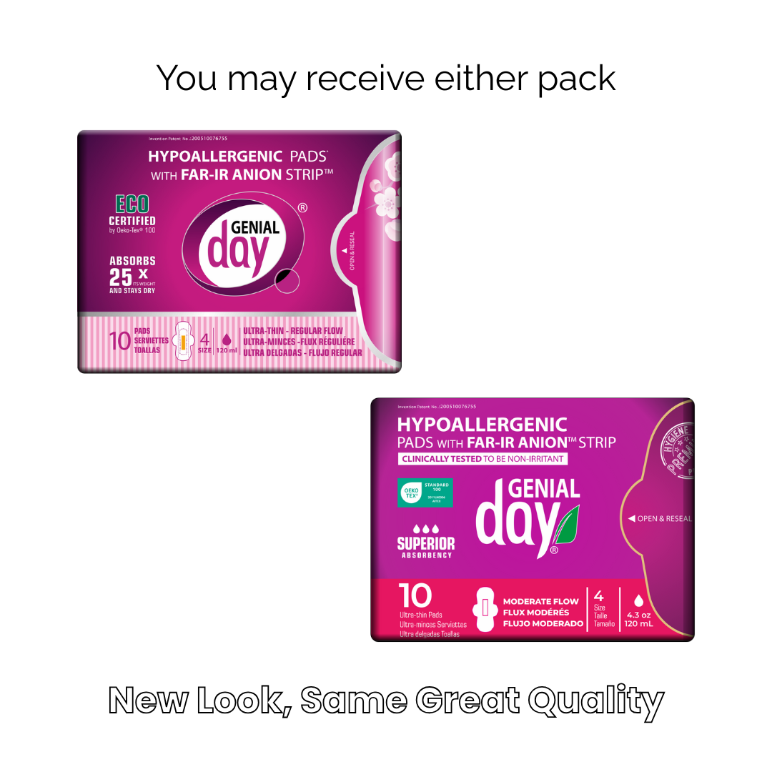 Two packages of Genial Day hypoallergenic pads on a white background with text