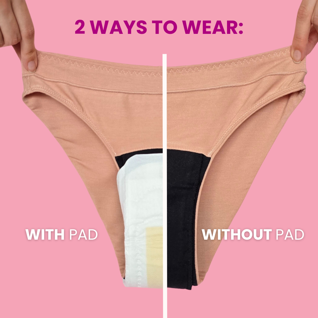 Woman showing ways to wear Genial period panties