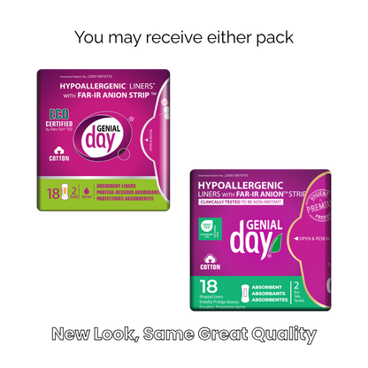 Two packages of Genial day hypoallergenic liners with a white background