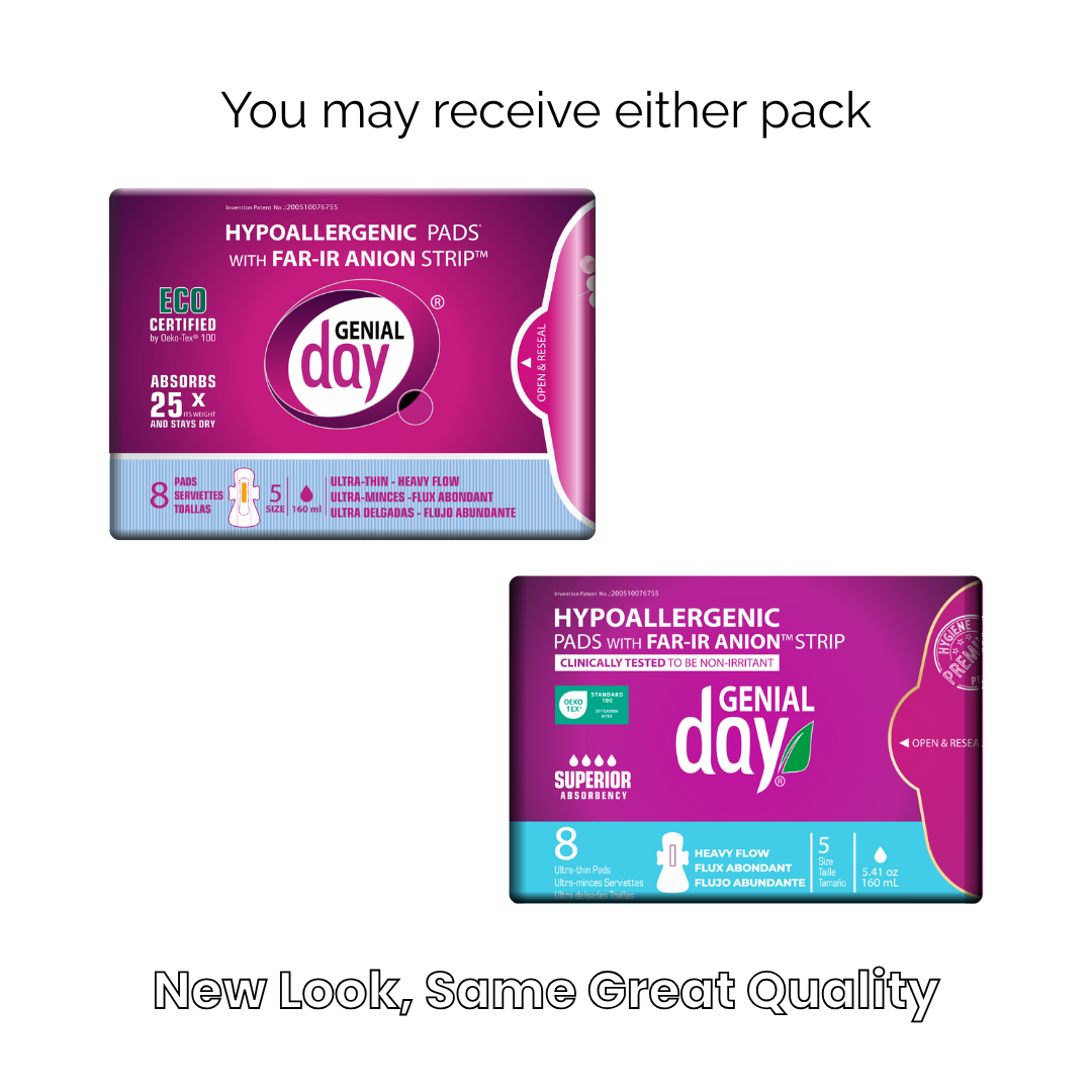 Two packages of Genial Day hypoallergenic pads on a white background with text