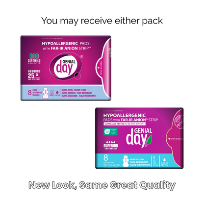 Two packages of Genial Day hypoallergenic pads on a white background with text