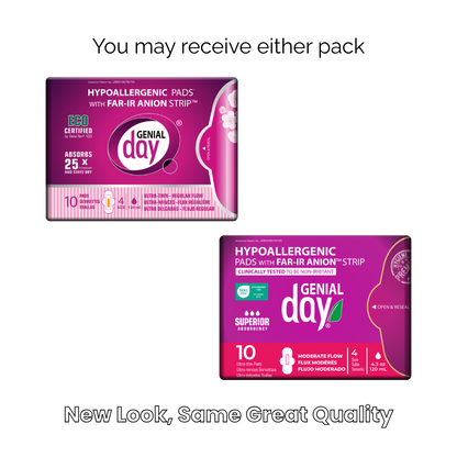 Two packages of Genial Day hypoallergenic pads on a white background with text