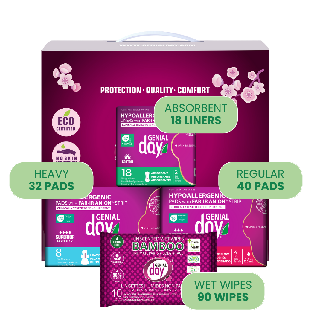 Packaging of Genial Day products including pads, liners, and wet wipes on a white background.