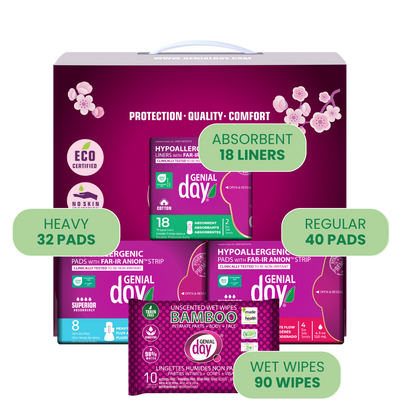 Packaging of Genial Day products including pads, liners, and wet wipes on a white background.