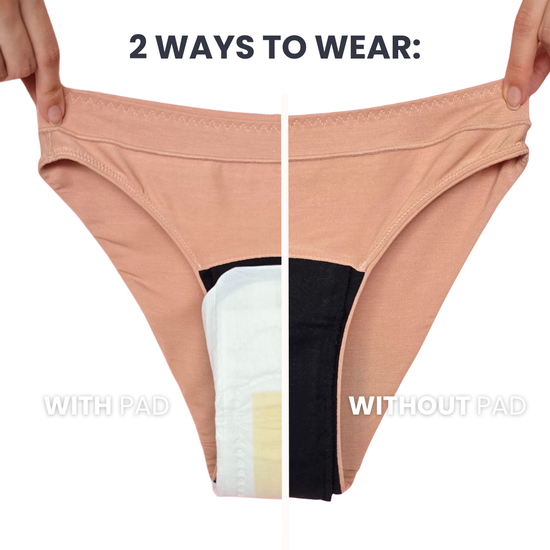 Period underwear shown with and without a pad.