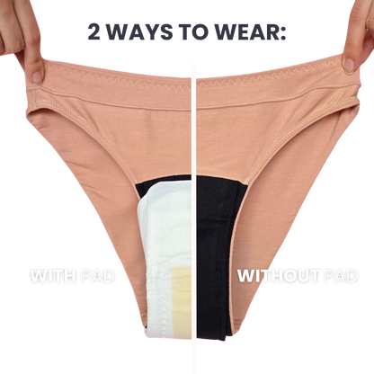 Period underwear shown with and without a pad.