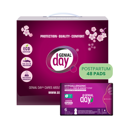 Genial Day postpartum pads packaging on a white background