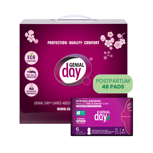 Genial Day postpartum pads packaging on a white background