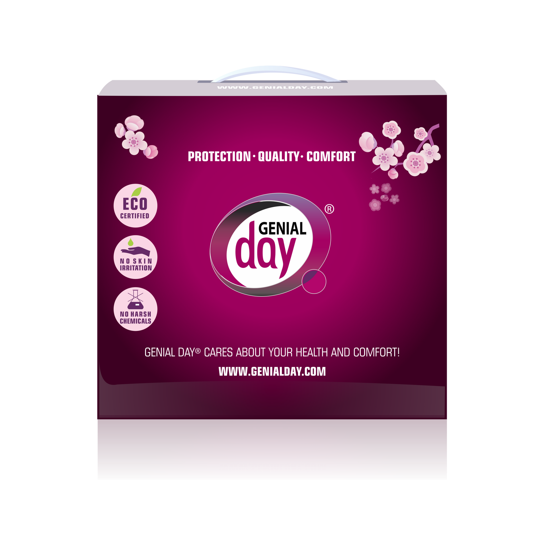 Genial Day, Period Kit, Sanitary pads, eco-certified pads, super absorbent pads, period kit box, box