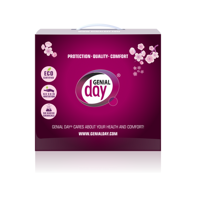Genial Day, Period Kit, Sanitary pads, eco-certified pads, super absorbent pads, period kit box, box